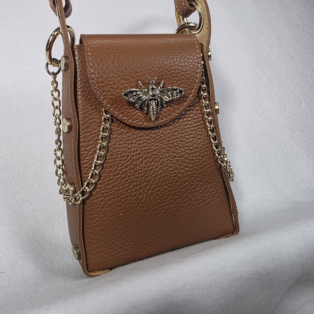 Brown Pebbled Italian Leather Made In Italy Bee Closure Studded Crossbody Purse‎